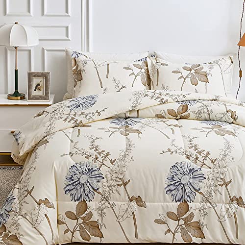 Lanqinglv Bettdecke 155x220cm Ganzjahresdecke 4 Jahreszeiten,Beige Blumenmuster Steppdecke für Allergiker Zudecke Schlafdecke Duvet 155x220 mit 1 Kissenbezug 80x80cm von Lanqinglv