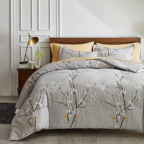 Lanqinglv Bettdecke 155x220cm Ganzjahresdecke 4 Jahreszeiten,Grau Weiß Blätter Blumenmuster Steppdecke für Allergiker Zudecke Schlafdecke Duvet 155x220 mit 1 Kissenbezug 80x80cm von Lanqinglv