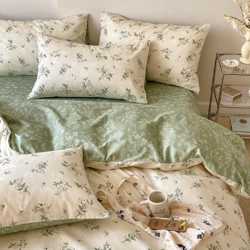Lanqinglv Bettwäsche 135x200 4 Teilig Baumwolle Blumenmuster,Beige Grün Pflanzen Wendebettwäsche ÖKO-TEX Bettwäsche Set Renforce Bettbezug mit Reißverschluss und 2 Kissenbezug 80x80 cm von Lanqinglv
