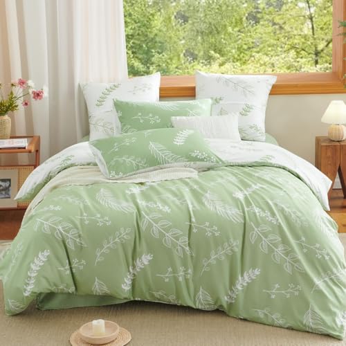 Lanqinglv Bettwäsche 135x200 4Teilig Grün Weiß Blumen Blätter Wende Bettwäsche Set Pflanzen Bettbezug mit Reißverschluss und 2 Kissenbezug 80x80,ÖkoTex Bettwäsche für Allergiker Geeignet von Lanqinglv