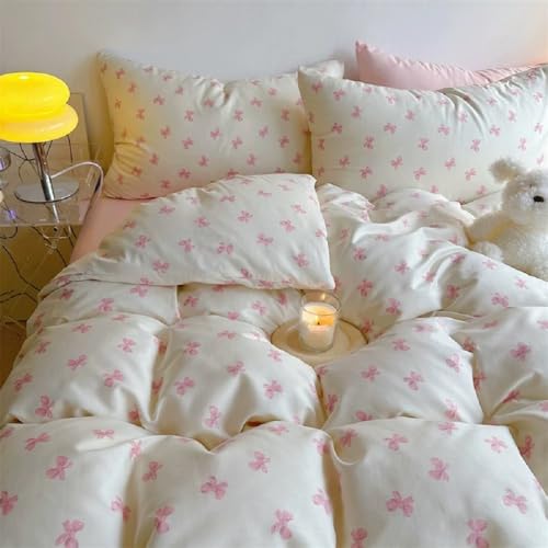 Lanqinglv Bettwäsche 135x200 4teilig Mädchen Rosa Weiß Schleifen Aesthetic Bettwäsche Kinder aus Microfaser - ÖKO-TEX Bettwäsche Set - 2 Bettbezug mit Reißverschluss und 2 Kissenbezug 80x80 cm von Lanqinglv