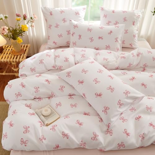 Lanqinglv Bettwäsche 135x200 Mädchen Rosa Weiß mit Schleifen Kinder Bettwäsche aus Microfaser,ÖKO-TEX Bettwäsche Set Allergiker - Weiche Bettbezug mit Reißverschluss und 1 Kissenbezug 80x80 cm von Lanqinglv