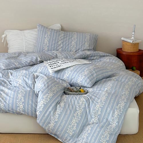 Lanqinglv Bettwäsche 135x200 cm Blau Weiß Blumen Blätter Wende Bettwäsche für Allergiker,Aesthetic Bettwäsche Set ÖKO-TEX Bettbezug mit Reißverschluss und 1 Kissenbezug 80x80 cm von Lanqinglv