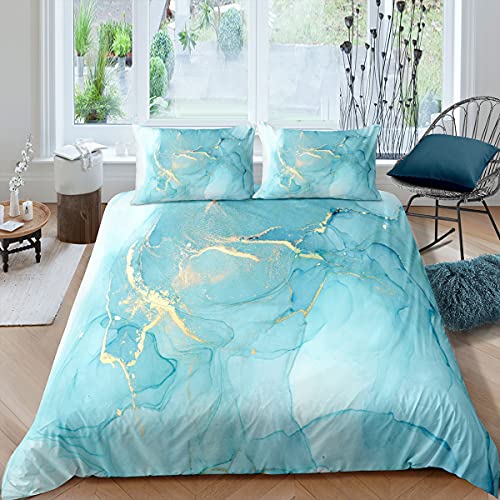 Lanqinglv Bettwäsche 135x200 cm Mädchen Blau Gold Marmor Muster Elegant Renforce Mikrofaser Einzelbett Bettbezug mit Reißverschluss und Kissenbezug 80x80cm von Lanqinglv