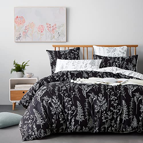 Lanqinglv Bettwäsche 135x200 cm Schwarz Weiß Blätter Blumen Muster Pflanzen Wende Bettwäsche Set Microfaser Renforce Bettbezug mit Reißverschluss und Kissenbezug 80x80 cm von Lanqinglv