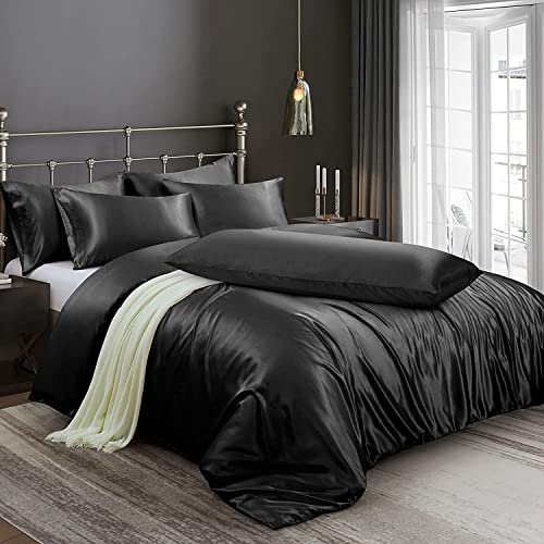 Lanqinglv Bettwäsche 135x200cm 4 Teilig Schwarz Satin Seide Seidig Luxus Uni 2 Bettbezug 135x200cm mit Reißverschluss und 2 Kissenbezug 80x80cm von Lanqinglv