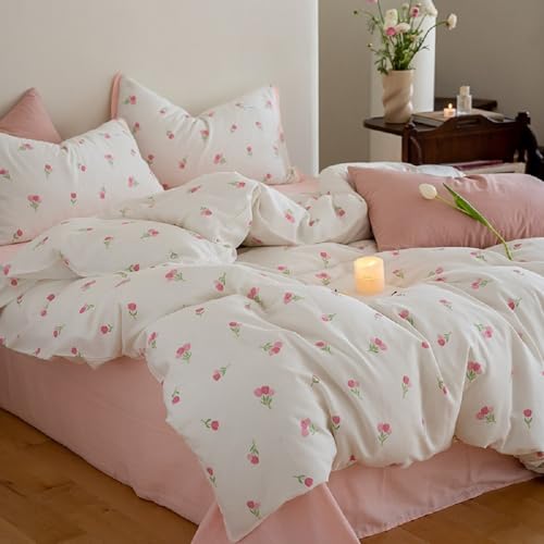 Lanqinglv Bettwäsche 155x220 Weiß Rosa Tulpen Blumenmuster Bettwäsche aus Microfaser,ÖKO-TEX Bettwäsche Set - Bettbezug mit Reißverschluss und 1 Kissenbezug 80x80 cm von Lanqinglv