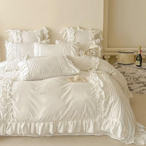 Lanqinglv Bettwäsche 155x220 Weiß mit Rüschen,Romantisch Bettwäsche-Sets aus Mikrofaser,Oeko-TEX Bettwäsche Set - 1 Bettbezug 155x220 und 1 Kissenbezug 80x80 mit Reißverschluss von Lanqinglv
