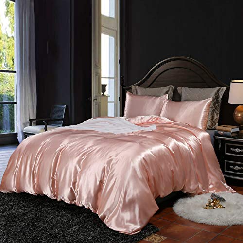 Lanqinglv Bettwäsche 155x220cm 4 Teilig Rosa Satin Seide Seidig Luxus Uni 2 Romantisch Bettbezug 155x220cm mit Reißverschluss und 2 Kissenbezug 80x80cm von Lanqinglv