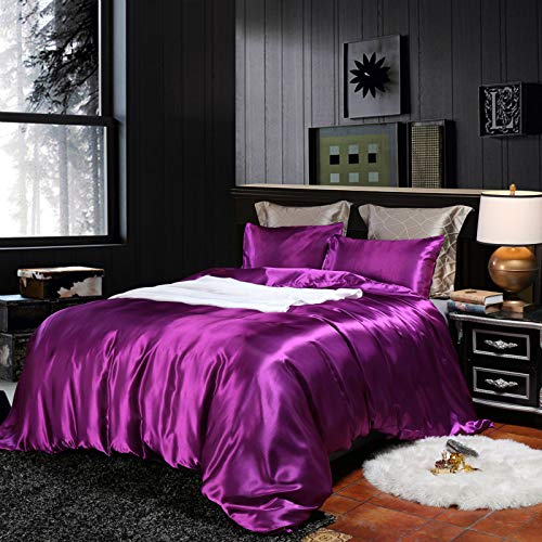 Lanqinglv Bettwäsche 155x220cm 4 Teilig Violett Lila Satin Seide Seidig Luxus Uni 2 Elegant Bettbezug 155x220cm mit Reißverschluss und 2 Kissenbezug 80x80cm von Lanqinglv