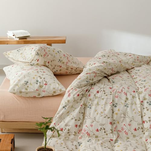 Lanqinglv Bettwäsche 200x200 Baumwolle Weiß Bunt Blumenmuster,Pflanzen Blätter ÖKO-TEX Bettwäsche Set Renforce Bettbezug mit Reißverschluss und 2 Kissenbezug 80x80 cm von Lanqinglv