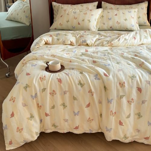 Lanqinglv Bettwäsche 200x200 cm Mädchen Gelb Bunt Schmetterling Bettwäsche aus Microfaser,ÖKO-TEX Bettwäsche Set - Bettbezug mit Reißverschluss und 2 Kissenbezug 80x80 cm von Lanqinglv