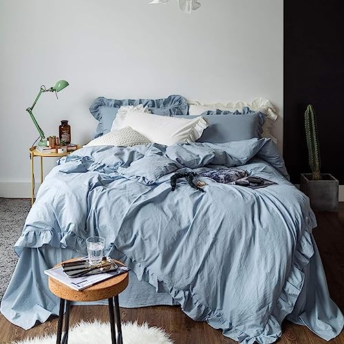 Lanqinglv Bettwäsche 200x200cm Gräuliches Blau mit Rüschen,aus 100% Weiche Microfaser Doppelbett - Romantisch Bettbezug 200x200cm + 2 Kissenbezug 80x80cm,mit Reißverschluss von Lanqinglv