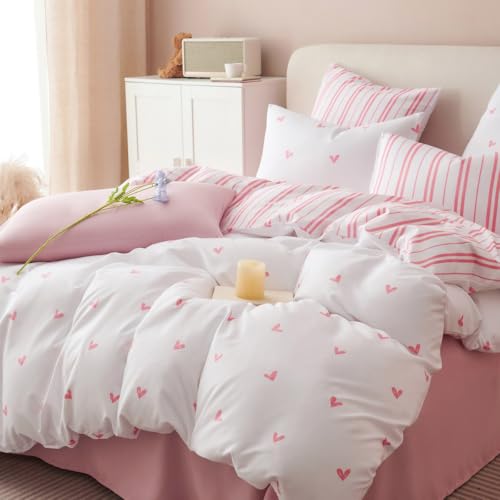 Lanqinglv Bettwäsche 200x220 Mädchen Weiß Rosa Rot Herzen Kinder Bettwäsche aus Microfaser,Herzchen ÖKO-TEX Bettwäsche Set - Weiche Bettbezug mit Reißverschluss und 2 Kissenbezug 80x80 cm von Lanqinglv