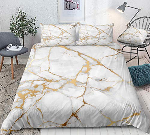 Lanqinglv Bettwäsche 200x220 cm Gold und Weiß Marmor Muster Modern Renforce Mikrofaser Doppelbett Bettbezug mit Reißverschluss und 2 Kissenbezug 80x80cm von Lanqinglv