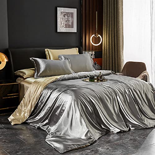 Lanqinglv Bettwäsche Set 135x200cm Grau Apricot Hellbraun Satin Wendebettwäsche Seide Seidig Luxus Wende Bettbezug mit Reißverschluss und Kissenbezug 40x80cm von Lanqinglv