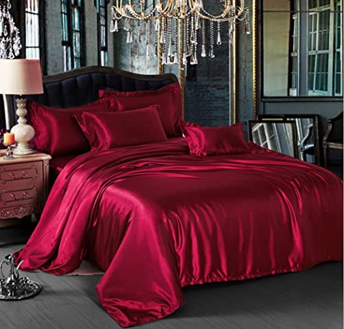 Lanqinglv Bettwäsche Set 155x220cm 2 Teilig Rot Weinrot,Satin Seide Seidig Luxus Bettbezug Elegant Deckenbezug mit Reißverschluss und Kissenbezug 80x80cm von Lanqinglv