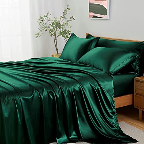 Lanqinglv Bettwäsche Set 200x200cm Dunkelgrün Satin Seide Seidig 3 Teilig Luxus Doppelbett Bettbezug mit Reißverschluss und 2 Kissenbezug 80x80cm von Lanqinglv