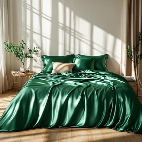 Lanqinglv Satin Bettwäsche Set 200x200 cm Dunkelgrün Grün Seide Glatt Glanzsatin Luxus Sommerbettwäsche Set Satin Polyester Uni Doppelbett Bettbezug mit Reißverschluss und 2 Kissenbezug 80x80cm von Lanqinglv