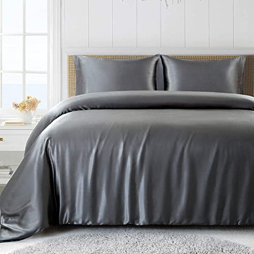 Lanqinglv Bettwäsche Set 200x200cm Grau Silbergrau Satin Seidig 3 Teilig Luxus Doppelbett Bettbezug mit Reißverschluss und 2 Kissenbezug 80x80cm von Lanqinglv