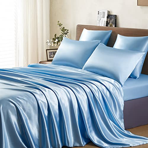 Lanqinglv Bettwäsche Set 220x240cm Blau Satin Seide Seidig 3 Teilig Luxus Doppelbett Bettbezug mit Reißverschluss und 2 Kissenbezug 80x80cm von Lanqinglv