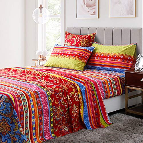 Lanqinglv Bohemian Spannbettlaken Bettlaken 120g/m² Indisch Mandala Mikrofaser Jersey Rot Blau Boxspringbett Spannbetttuch 100 x 200 cm bis 25-30 cm Steghöhe von Lanqinglv