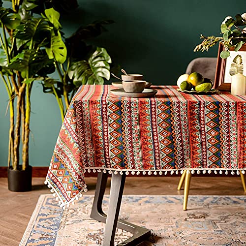 Lanqinglv Bohemian Tischdecke 140x300cm mit Quaste Baumwolle und Leinen Abwaschbar Rot Bunt Indisch Vintage Rechteckig Gartentischdecke Küchentischabdeckung für Speisetisch von Lanqinglv