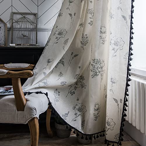 Lanqinglv Boho Vorhänge Beige Schwarz Blumen Blickdicht Gardinen mit Quaste Baumwolle Leinen Landhausstil Häkeln Stricken Gardinen Vorhang für Küche Wohnzimmer Schlafzimmer,1 Stück,B132xH160cm von Lanqinglv