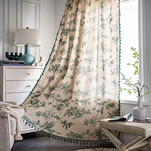 Lanqinglv Boho Vorhänge Grün Beige Blickdicht Blumen Gardinen mit Quaste Baumwolle Leinen Landhausstil Häkeln Stricken Gardinen Vorhang für Küche Wohnzimmer Schlafzimmer,1 Stück,B132xH160cm von Lanqinglv