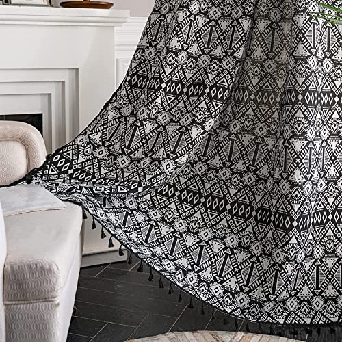 Lanqinglv Boho Vorhänge Schwarz Weiß Geometrisch Blickdicht Gardinen mit Quaste Baumwolle Leinen Landhausstil Stricken Vintage Gardinen Vorhang für Küche Wohnzimmer Schlafzimmer,1 Stück,B150xH220cm von Lanqinglv