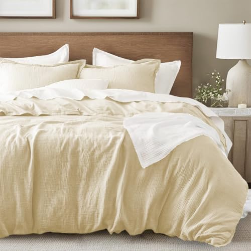 Lanqinglv Doppelte Musselin Bettwäsche 135x200 Baumwolle,Kuschelige Leinenoptik ÖKO-TEX Bettwäsche Creme Weiß mit Reißverschluss und 1 Kissenbezug 80x80cm von Lanqinglv