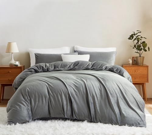 Lanqinglv Flanell Fleece Bettwäsche 135x200 cm Grau Plüsch Flauschig Winterbettwäsche Warme Cashmere Touch Biber Uni Bettbezug mit Reißverschluss und Kissenbezug 80x80 cm von Lanqinglv