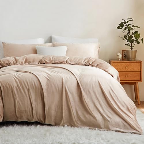 Lanqinglv Flanell Fleece Bettwäsche 155x220 cm 4 Teilig Beige Plüsch Flauschig Winterbettwäsche Warme Cashmere Touch Biber Uni Bettbezug mit Reißverschluss und 2 Kissenbezug 80x80 cm von Lanqinglv