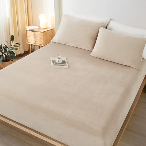 Lanqinglv Flanell Spannbettlaken Bettlaken 140x200 cm bis 25-35 cm Steghöhe Boxspringbett Topper Flauschige Warme Samt Boxspringbett Spannbetttuch Leintuch Cashmere Touch,Haferflocken Beige von Lanqinglv