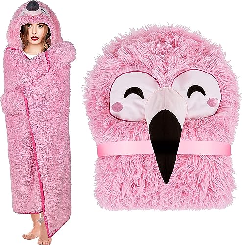 Lanqinglv Flauschig Kuscheldecke Plüsch Flanell Fleecedecke Warme Decke Wohndecke,Tragbare Decke Geschenk für Frauen,Decke mit Kapuze und Handschuhen,Sofadecke Rosa Flamingos Tiermuster Decke von Lanqinglv