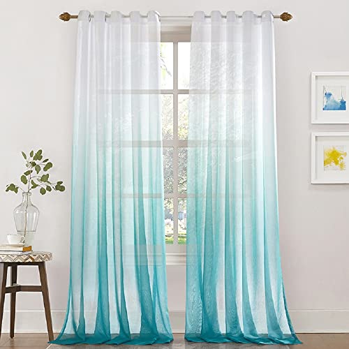 Lanqinglv Gardinen Vorhänge Transparent Farbverlauf Voile Sheer 2er Set Weiß Blau Vorhang mit Ösen Ösenschals Dekoschal Fensterschal für Schlafzimmer Wohnzimmer 107x160cm (B x H) von Lanqinglv