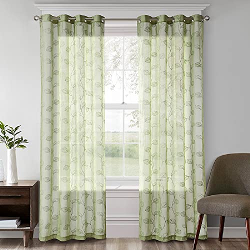 Lanqinglv Gardinen Vorhänge Transparent Stickerei Blätter Voile Sheer 2er Set Grün Vorhang mit Ösen Ösenschals Dekoschal Fensterschal für Schlafzimmer Wohnzimmer 132x160cm (B x H) von Lanqinglv