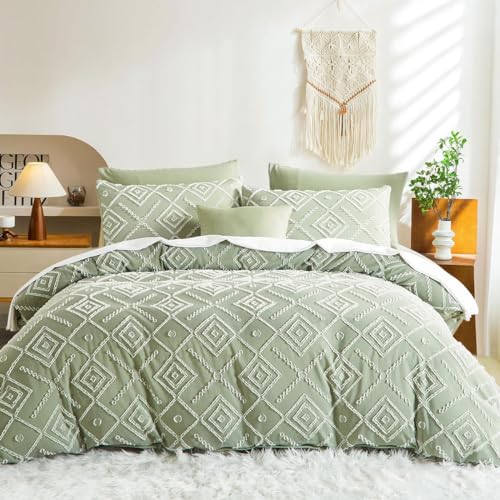 Lanqinglv Getuftet Bettwäsche 135x200cm Grün Boho Geometrische Vintage Wendebettwäsche Set aus Microfaser Shabby Chic Bohemian Bettbezug mit Reißverschluss und 1 Kissenbezug 80x80cm von Lanqinglv