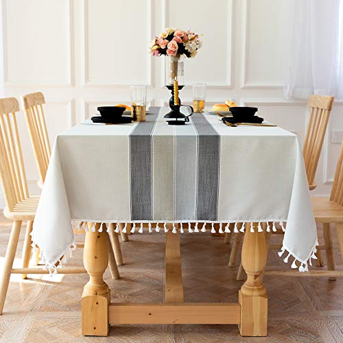 Lanqinglv Grau Weiß Tischdecke Abwaschbar 110x110cm mit Quasten Streifen Elegant Baumwolle und Leinen Tischtuch Quadratisch Couchtisch Tischdecke Gartentischdecke von Lanqinglv