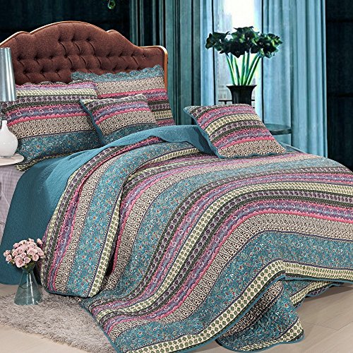 Lanqinglv Indisch Boho Tagesdecke Gesteppt 230x250cm Bettwäsche 3 Teilig 100% Baumwolle Tagesdecke Überwurf Bett mit 2 Vintage Kissenbezüge 50x75cm Bohemian Bettüberwurf für Schlafzimmer,Blau von Lanqinglv