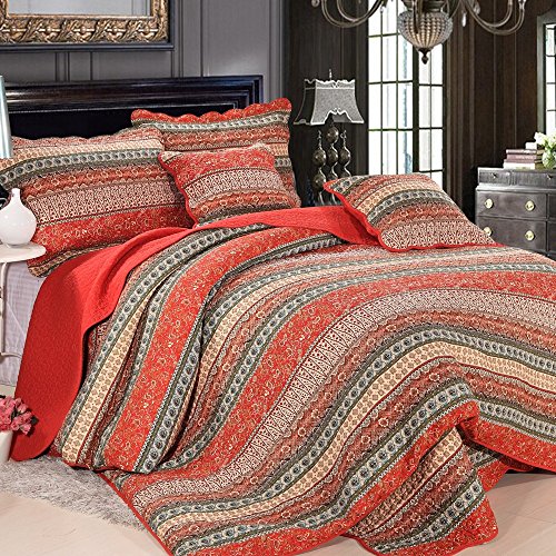 Lanqinglv Indisch Boho Tagesdecke Gesteppt 230x250cm Bettwäsche 3 Teilig 100% Baumwolle Tagesdecke Überwurf Bett mit 2 Vintage Kissenbezüge 50x75cm Bohemian Bettüberwurf für Schlafzimmer,Rot von Lanqinglv