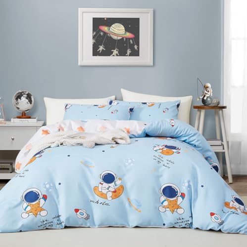 Lanqinglv Kinder Bettwäsche 155x220 Jungen Blau Weiß Astronauten Kinderbettwäsche mit Sterne Muster,Wendebettwäsche Set - Bettbezug mit Reißverschluss und 1 Kissenbezug 80x80 cm von Lanqinglv