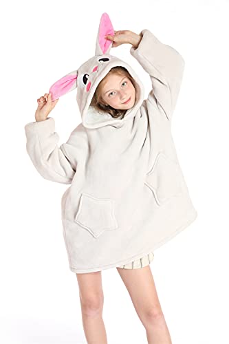 Lanqinglv Kinder Decke Hoodie Sweatshirt,Kuscheldecke mit Ärmeln,Warm Sherpa Kapuzenpullover für Mädchen,Junge,Tragbar TV-Decke mit Känguru Tasche,Einheitsgröße,Einfarbig,Beige,Hase von Lanqinglv