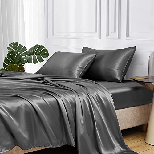 Lanqinglv Luxus Satin Spannbettlaken Bettlaken 140x200 cm bis 25-30 cm Steghöhe Boxspringbett Topper 110g/m² Glatt Seide Glanzsatin Boxspringbett Spannbetttuch Leintuch,Dunkelgrau Grau,1 Stück von Lanqinglv