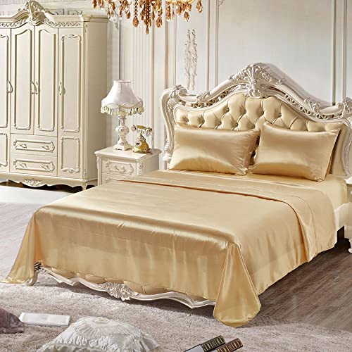 Lanqinglv Luxus Satin Spannbettlaken Bettlaken 140x200 cm bis 25-30 cm Steghöhe Boxspringbett Topper 110g/m² Glatt Seide Glanzsatin Boxspringbett Spannbetttuch Leintuch,Gold,1 Stück von Lanqinglv