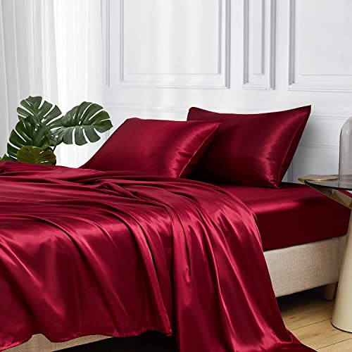 Lanqinglv Luxus Satin Spannbettlaken Bettlaken 140x200 cm bis 25-30 cm Steghöhe Boxspringbett Topper 110g/m² Glatt Seide Glanzsatin Boxspringbett Spannbetttuch Leintuch,Weinrot Burgund,1 Stück von Lanqinglv