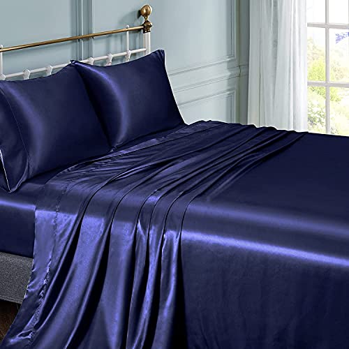 Lanqinglv Luxus Satin Spannbettlaken Bettlaken 200x200 cm bis 25-30 cm Steghöhe Boxspringbett Topper 110g/m² Glatt Seide Glanzsatin Boxspringbett Spannbetttuch Leintuch,Marineblau,1 Stück von Lanqinglv