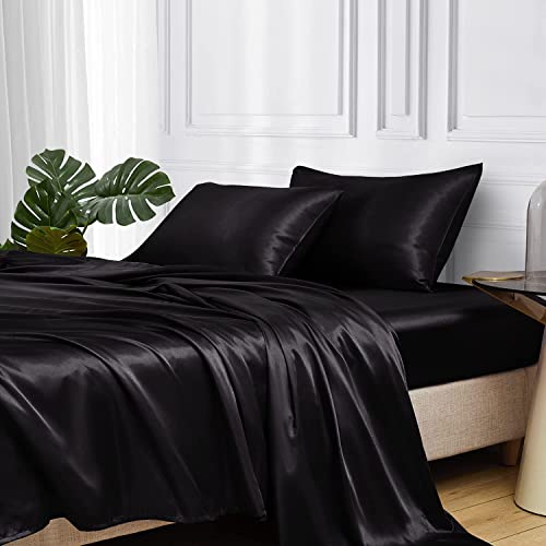 Lanqinglv Luxus Satin Spannbettlaken Bettlaken 90x200 cm bis 25-30 cm Steghöhe Boxspringbett Topper 110g/m² Glatt Seide Glanzsatin Boxspringbett Spannbetttuch Leintuch,Schwarz,1 Stück von Lanqinglv