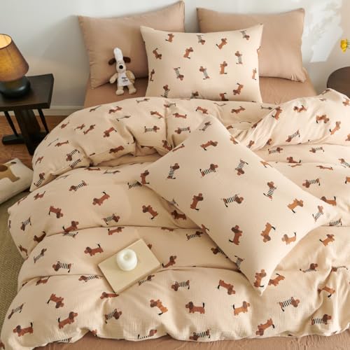 Lanqinglv Musselin Bettwäsche 135x200 Baumwolle Dackel Muster,Renforce Leinenoptik ÖKO-TEX Bettwäsche Kinder mit Reißverschluss und 1 Kissenbezug 80x80cm von Lanqinglv