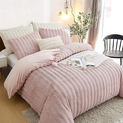 Lanqinglv Plüsch Bettwäsche 135x200 4 Teilig Rosa Flauschig Langhaar Kunstfell Winterbettwäsche Warm Flanell Fleece Cashmere Touch 2 Bettbezug mit Reißverschluss und 2 Kissenbezug 80x80cm von Lanqinglv